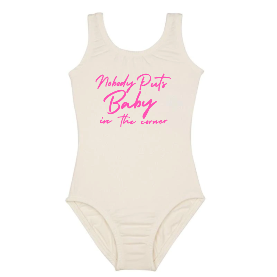 Bodysuit Leotard Ballet Dance Outfit Trendy Stylish Comfortable Washable Stretchy Kids Glamour Girl Boutique Style Unique Clothing; "Nobody Puts Baby in The Corner" Leotard for Baby Toddler ages 4-7 Girl Cream/Pink Dance Collection Sleeveless Ballet Bodysuit "Nobody Puts Baby In The Corner" Dirty Dancing Pop Culture Reference