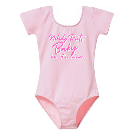 Bodysuit Leotard Ballet Dance Outfit Trendy Stylish Comfortable Washable Stretchy Kids Glamour Girl Boutique Style Unique Clothing; "Nobody Puts Baby in The Corner" Leotard for Baby Toddler ages 4-7 Girl Pink Dance Collection Short Sleeves Ballet Bodysuit "Nobody Puts Baby In The Corner" Dirty Dancing Pop Culture Reference