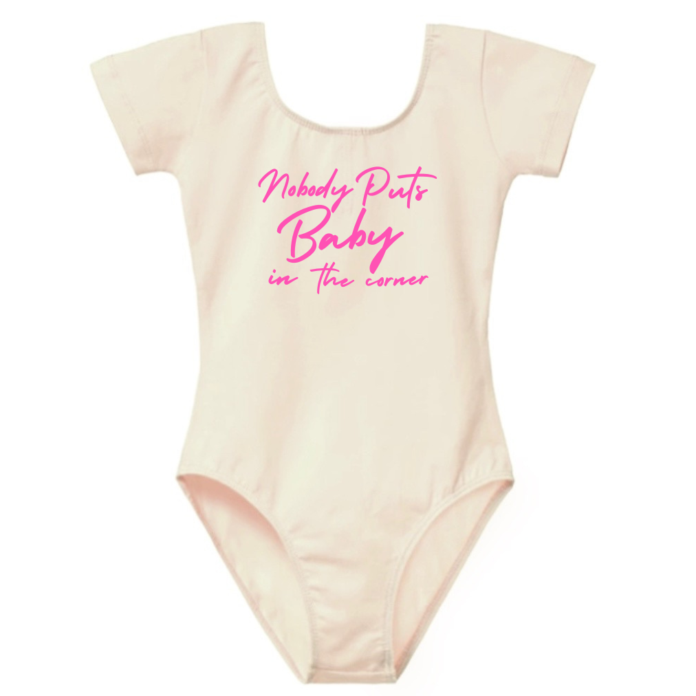Bodysuit Leotard Ballet Dance Outfit Trendy Stylish Comfortable Washable Stretchy Kids Glamour Girl Boutique Style Unique Clothing; "Nobody Puts Baby in The Corner" Leotard for Baby Toddler ages 4-7 Girl Cream/Pink Dance Collection Short Sleeves Ballet Bodysuit "Nobody Puts Baby In The Corner" Dirty Dancing Pop Culture Reference