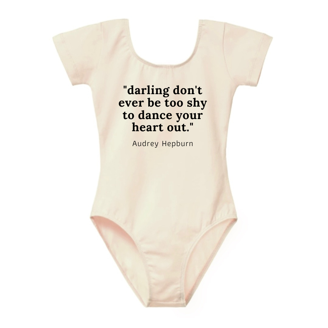 Baby Toddler ages 4-7 girl Cream/Black Dance Collection Short Sleeves bodysuit Leotard Dance Outfit Trendy Stylish Comfortable Washable Stretchy Kids Glamour Girl Boutique Style Unique Clothing; "Darling Don't Ever be to shy to Dance Your Heart Out" Ballet Bodysuit/Leotard for Baby Toddler ages 4-7 Girl Cream/Black Dance Collection Short Sleeves Bodysuit Audrey Hepburn