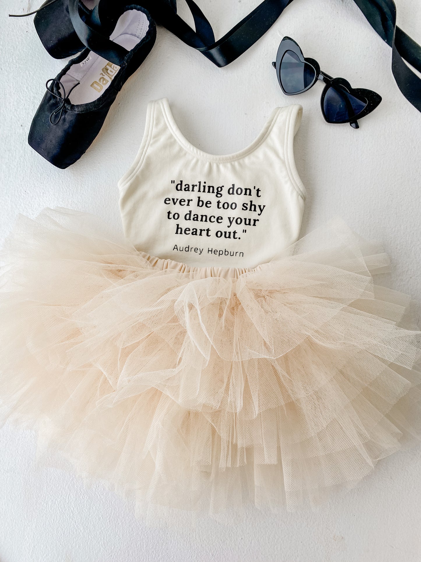 Baby Toddler ages 4-7 girl Cream/Black Dance Collection short sleeves bodysuit Leotard Dance Outfit Trendy Stylish Comfortable Washable Stretchy Kids Glamour Girl Boutique Style Unique Clothing; "Darling Don't Ever be to shy to Dance Your Heart Out" Ballet Bodysuit/Leotard for Baby Toddler ages 4-7 Girl Cream/Black Dance Collection Sleeveless Bodysuit Audrey Hepburn