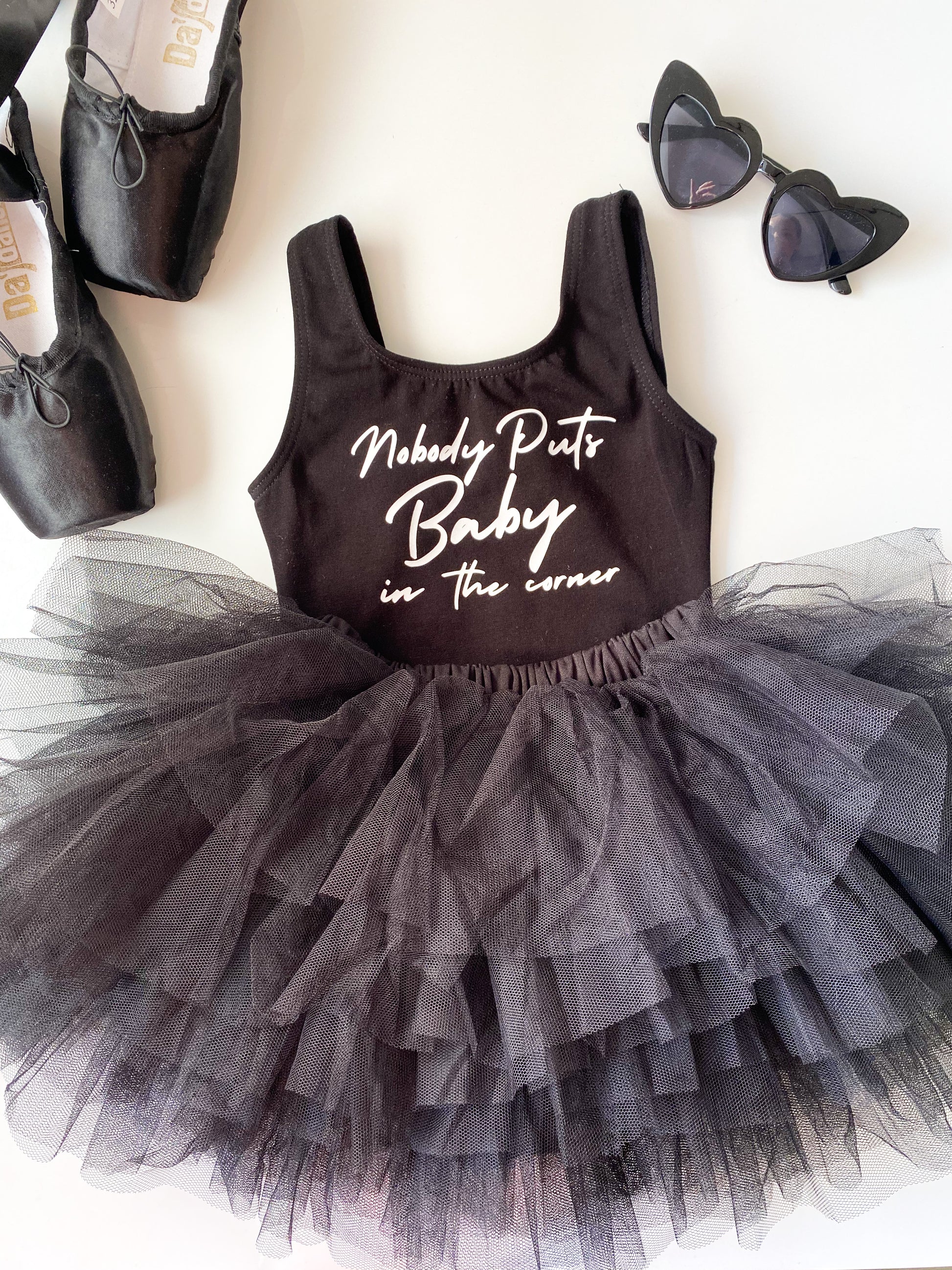Bodysuit Leotard Ballet Dance Outfit Trendy Stylish Comfortable Washable Stretchy Kids Glamour Girl Boutique Style Unique Clothing; "Nobody Puts Baby in The Corner" Leotard for Baby Toddler ages 4-7 Girl Black Dance Collection Short Sleeves/Sleeveless Ballet Bodysuit "Nobody Puts Baby In The Corner" Dirty Dancing Pop Culture Reference